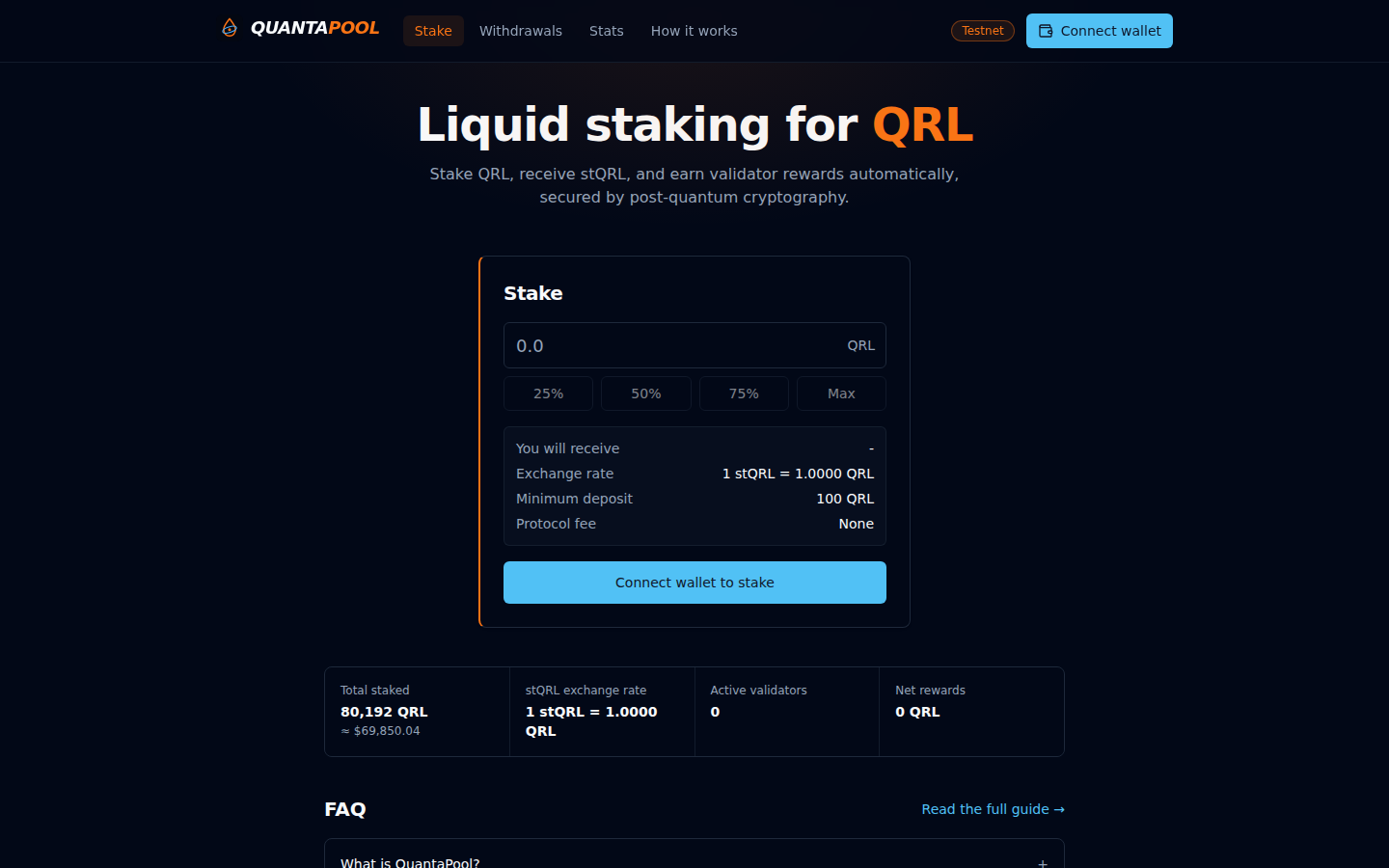 QuantaPool staking interface: stake QRL and receive stQRL