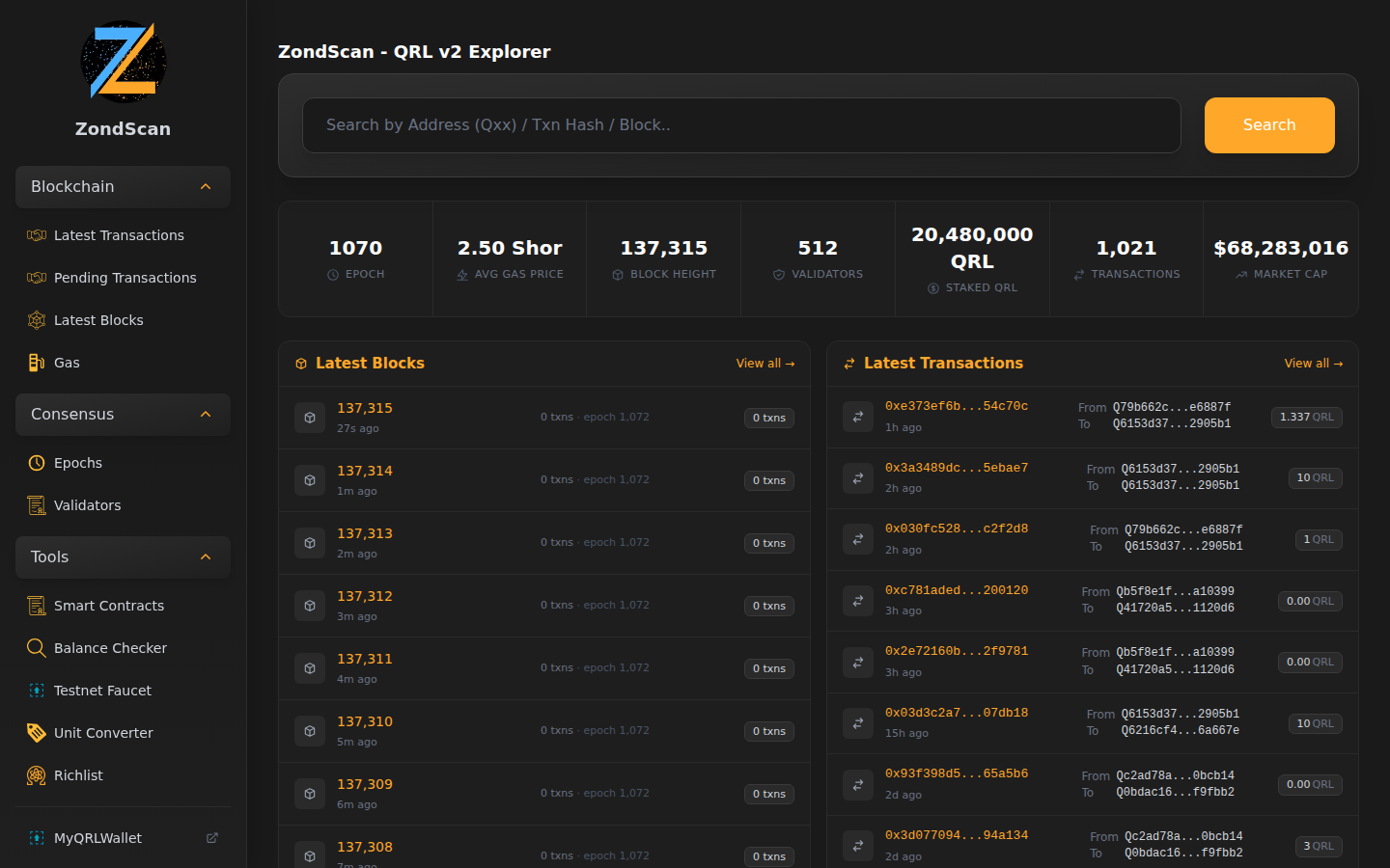 ZondScan explorer showing live QRL 2.0 blocks and transactions